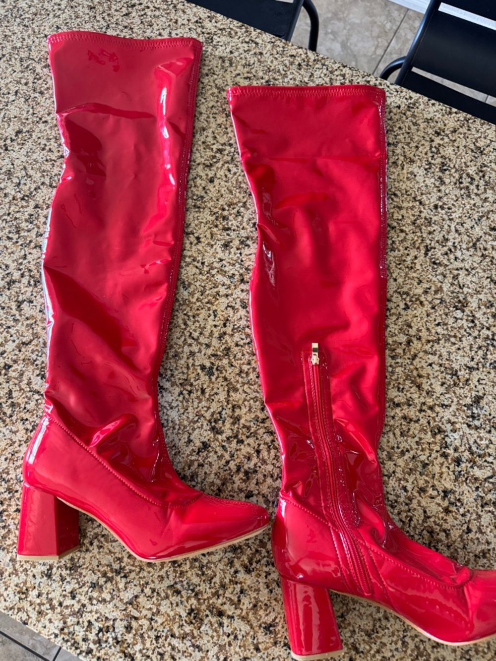 Red Patent Over-the-Knee Block Heel Boots - Women's size 43